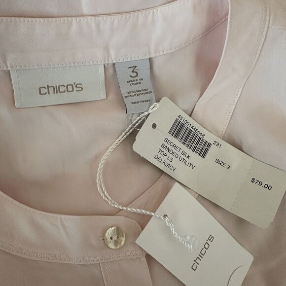Chicos Top Women 3 XL Pink Secret Silk Branded Utility Long Sleeve NEW - Picture 4 of 6